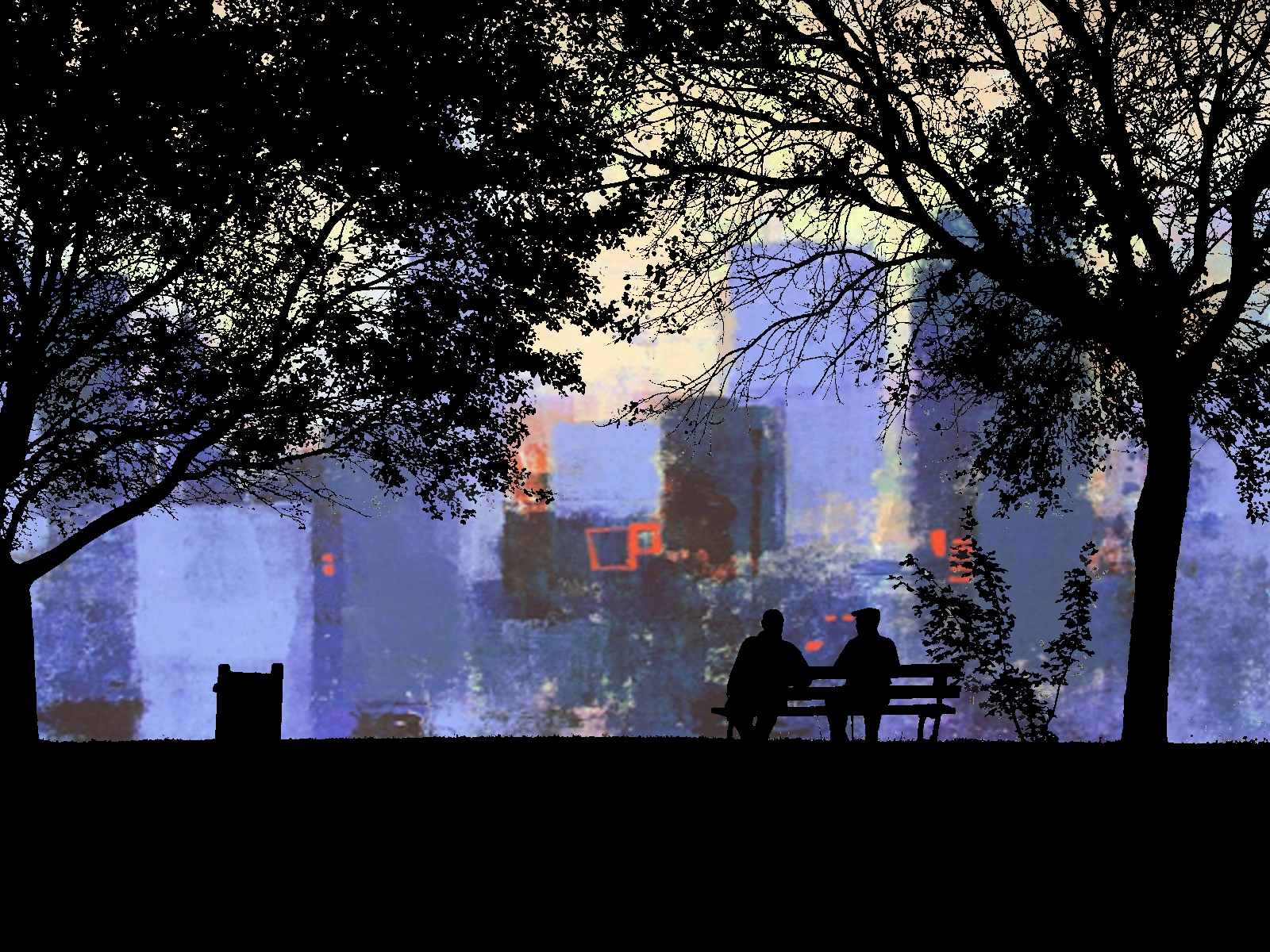 two people sitting on a bench by a tree at night