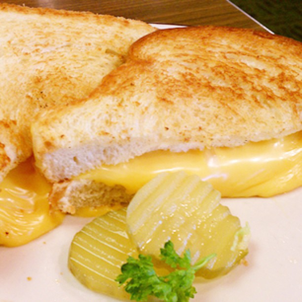 a grilled cheese sandwich sitting on top of a white plate