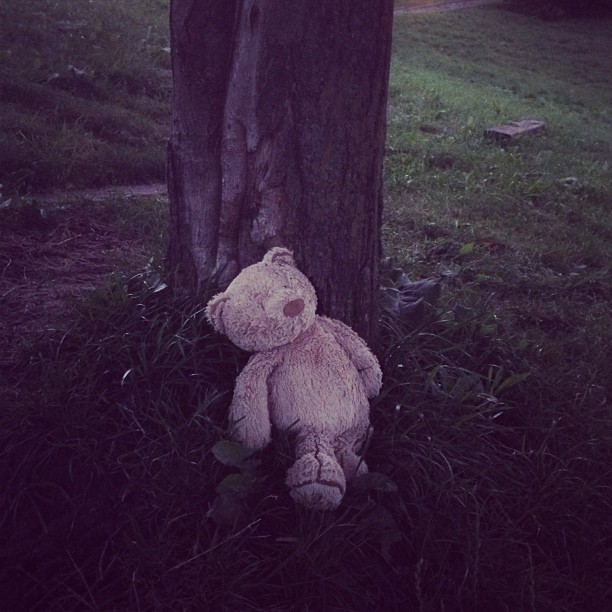 an old teddy bear sits beneath a tree on a grassy patch