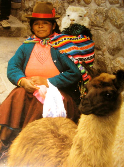 a woman sitting in front of a llama wearing a hat