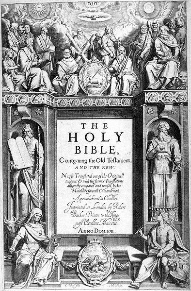 the front cover of an illustrated bible with text on it