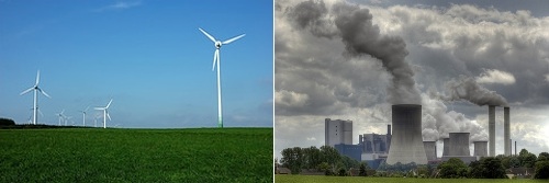 two pictures side by side one showing a factory and wind turbine