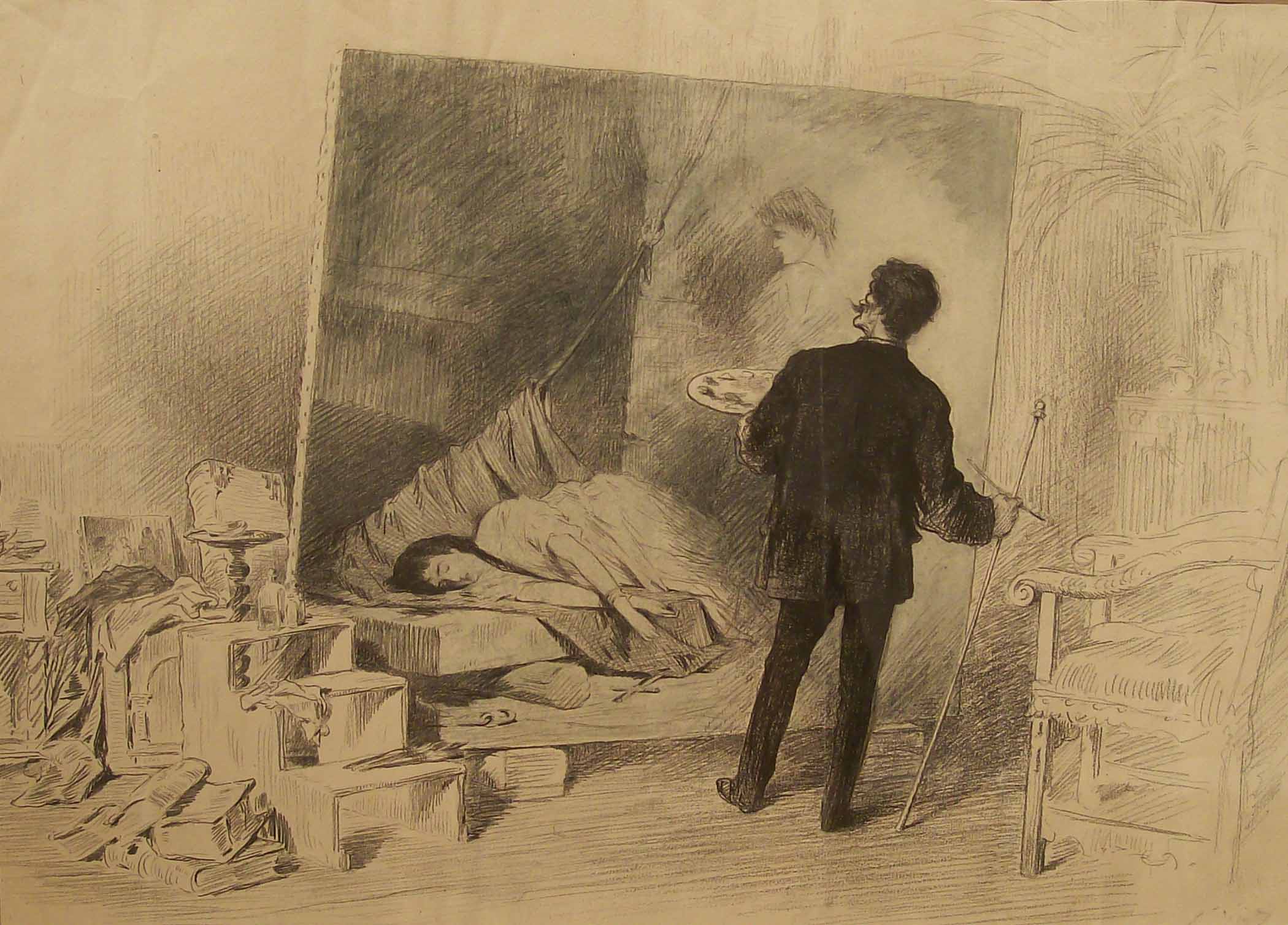 a person standing by an etcil painting on paper