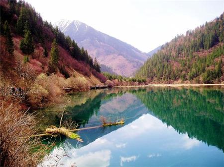 the calm river has green water and mountain range