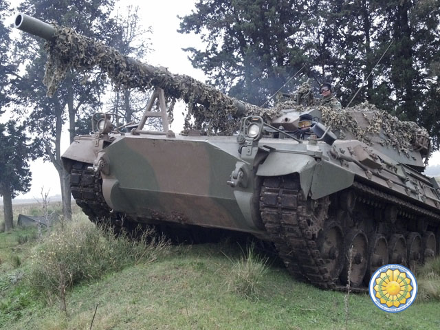 an army tank that is sitting on the grass