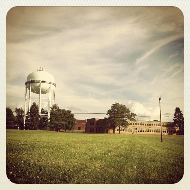 a large green field with a water tower in the background