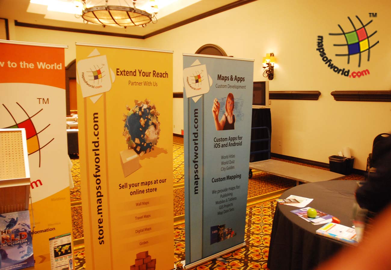 a trade display at an event with an advertit