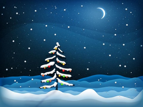 christmas tree and snow in night with a moon
