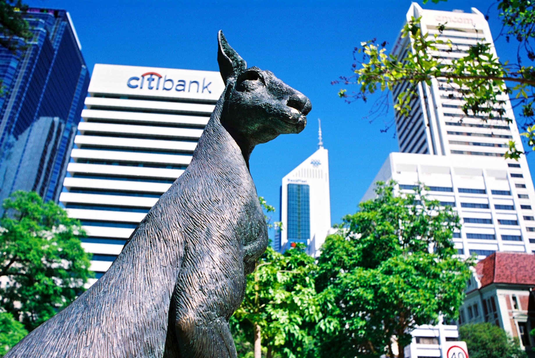 a statue of a kangaroo in front of some buildings