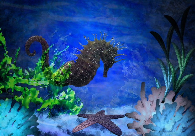 a digital painting of a sea horse in its habitat