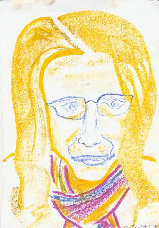 a drawing of a man with long hair and glasses