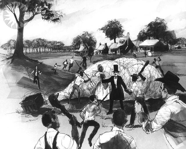 a drawing of several people at a park