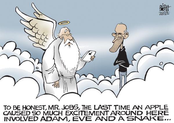 an angel and an old man on clouds talking