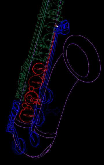 a digital model of a saxophone taken on a dark background