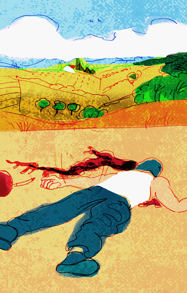 a man lies on a ground next to a woman in an orange and yellow landscape