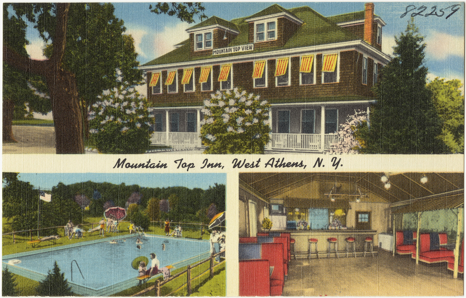 a colorized postcard of a victorian inn and pool
