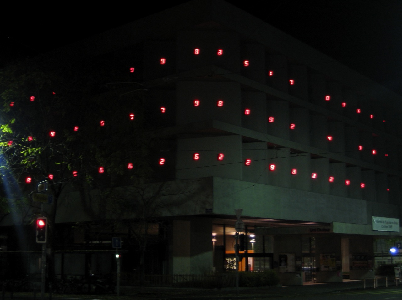 the building has red lights on the top