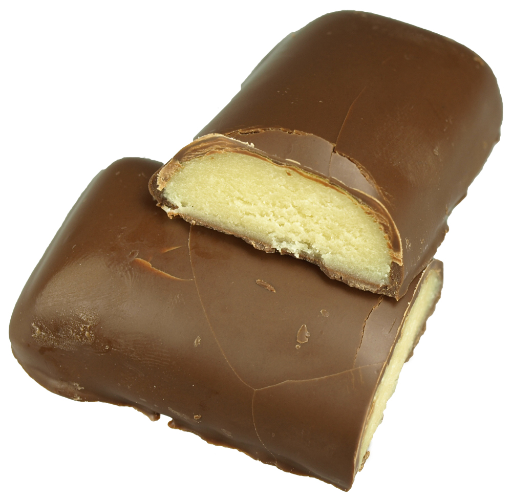 a piece of chocolate with a partially eaten treat in the center