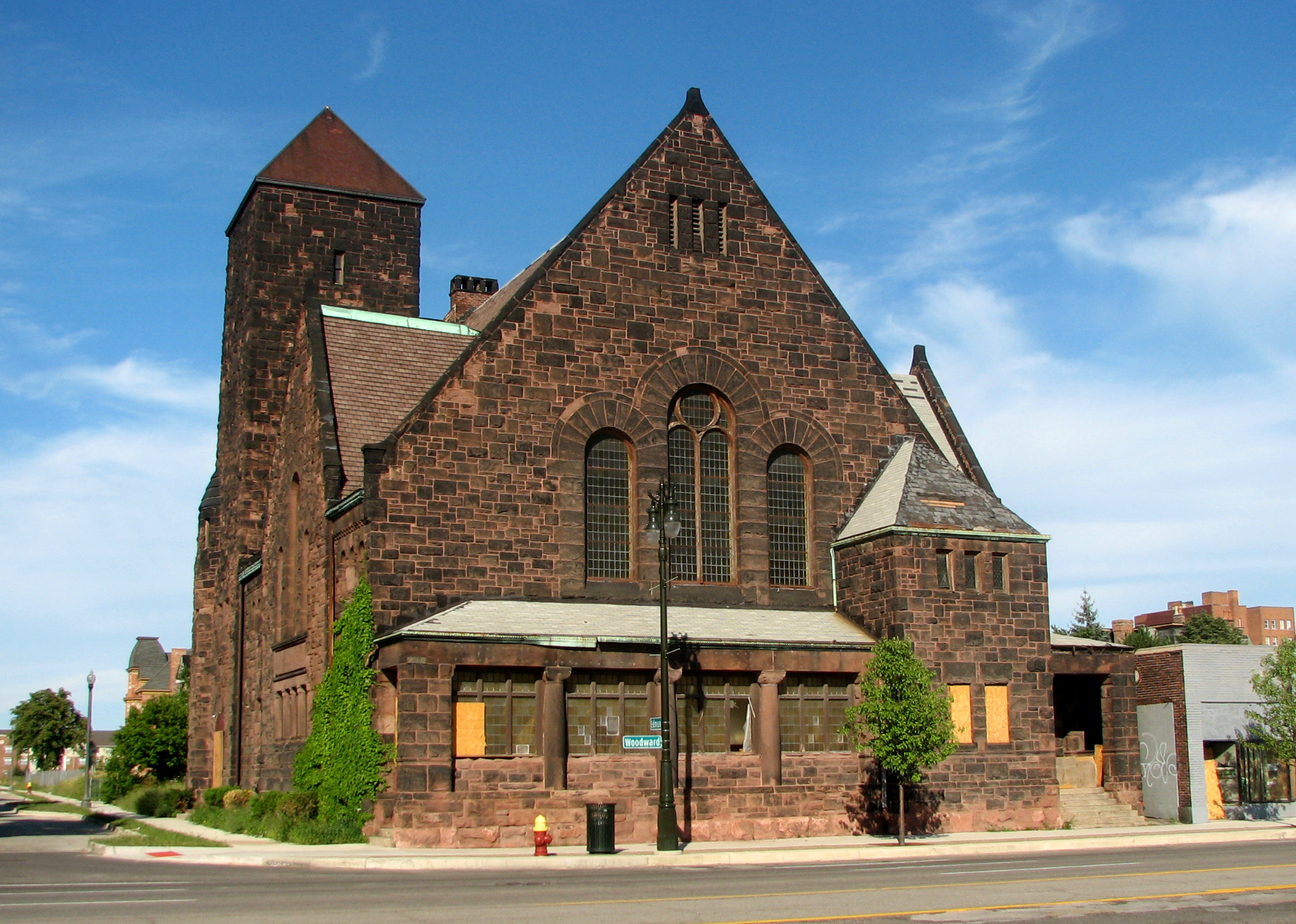 a church is being renovated to look like it has broken windows