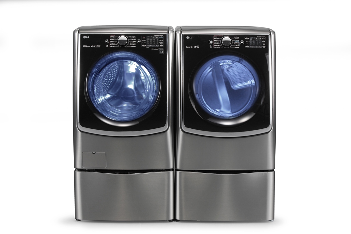 the front load and top load washer in both stainless steel colors