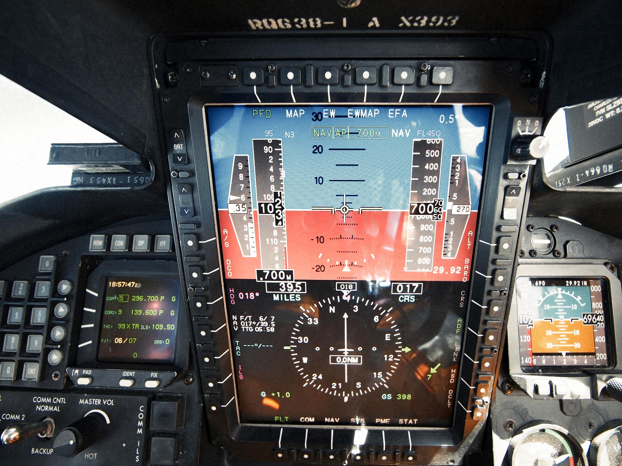 the control panel of an airplane with the instrument ons showing