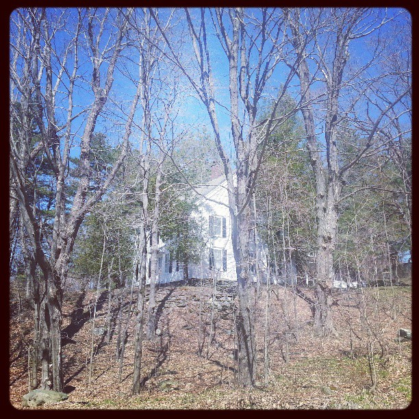 there is a white house in the woods
