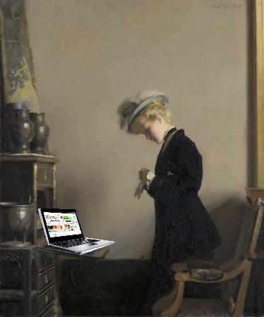 a painting with a woman in black dress and hat with a laptop on a table