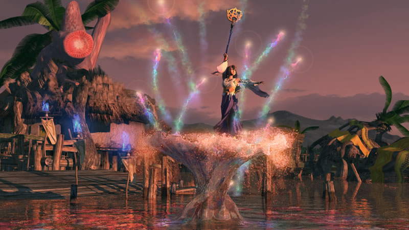 an animated scene featuring a woman holding a sword and an island