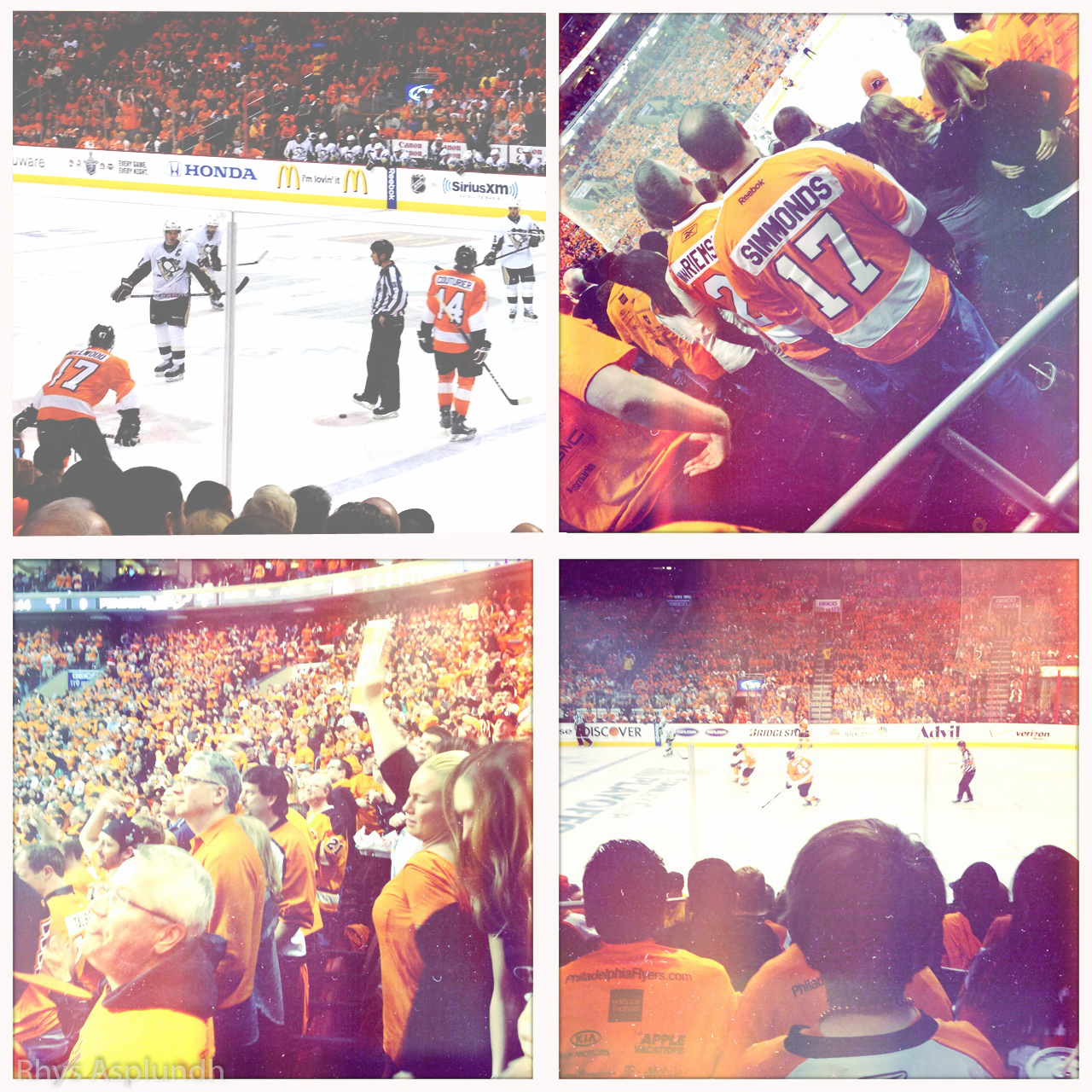 multiple images show fans in front of a hockey rink with one fan holding up his hand