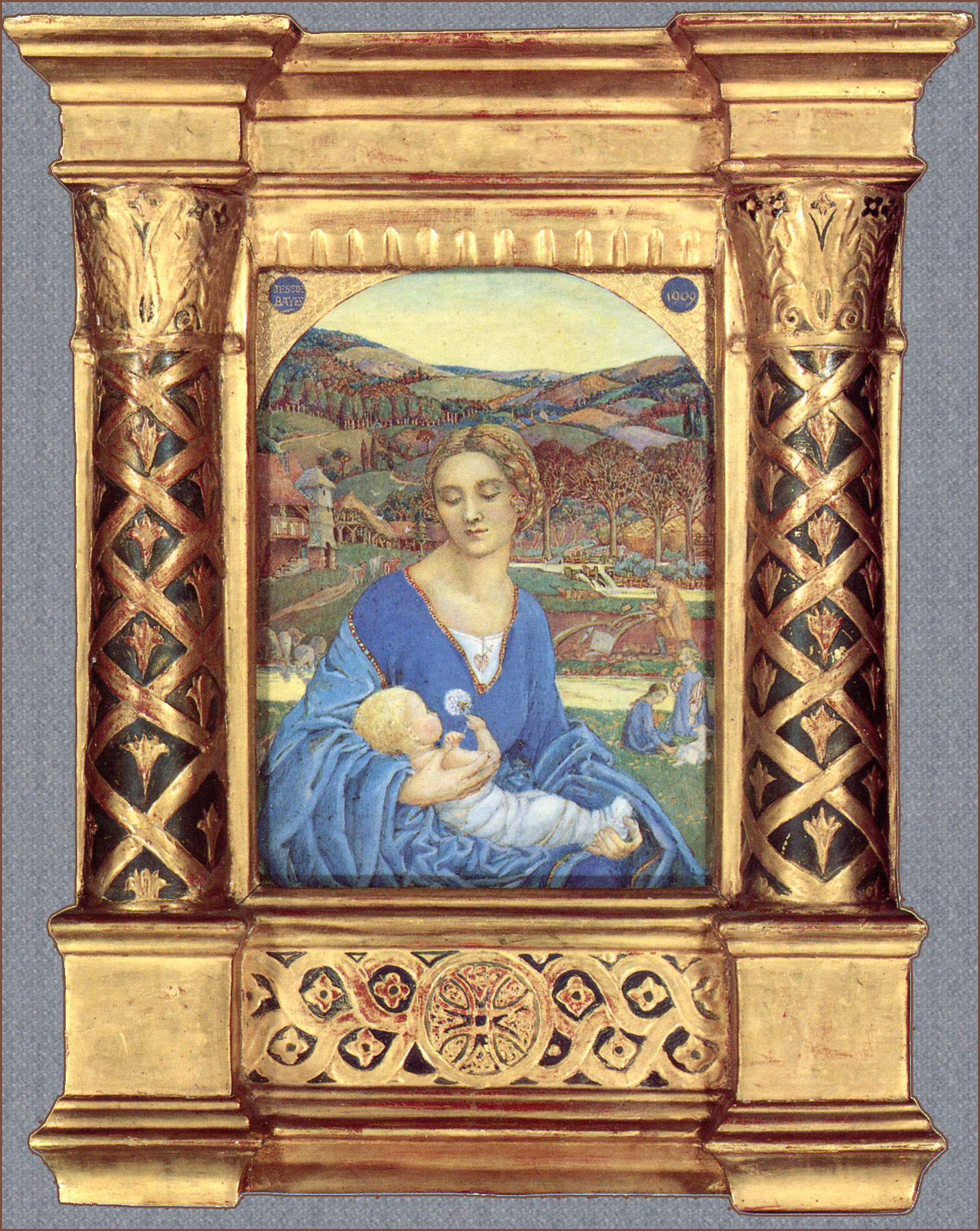 the painting in a frame features a lady holding a child