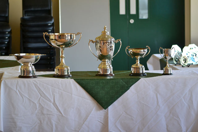 three trophies on top of each other on a table