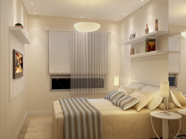 a bedroom is pictured with the white walls and floor