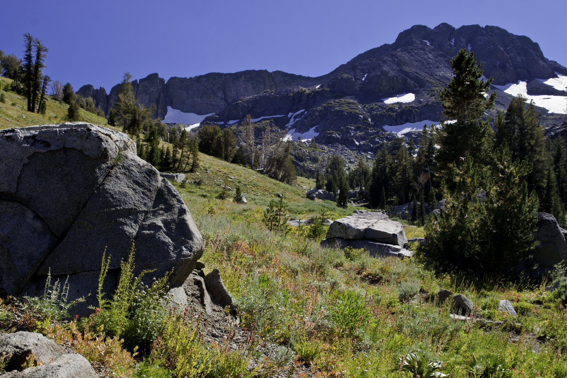 an unpaved hiking trail winds through the grassy mountains