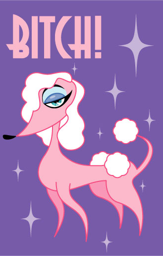 the cartoon image has a pink dog on it's head and words witch in a blue font box
