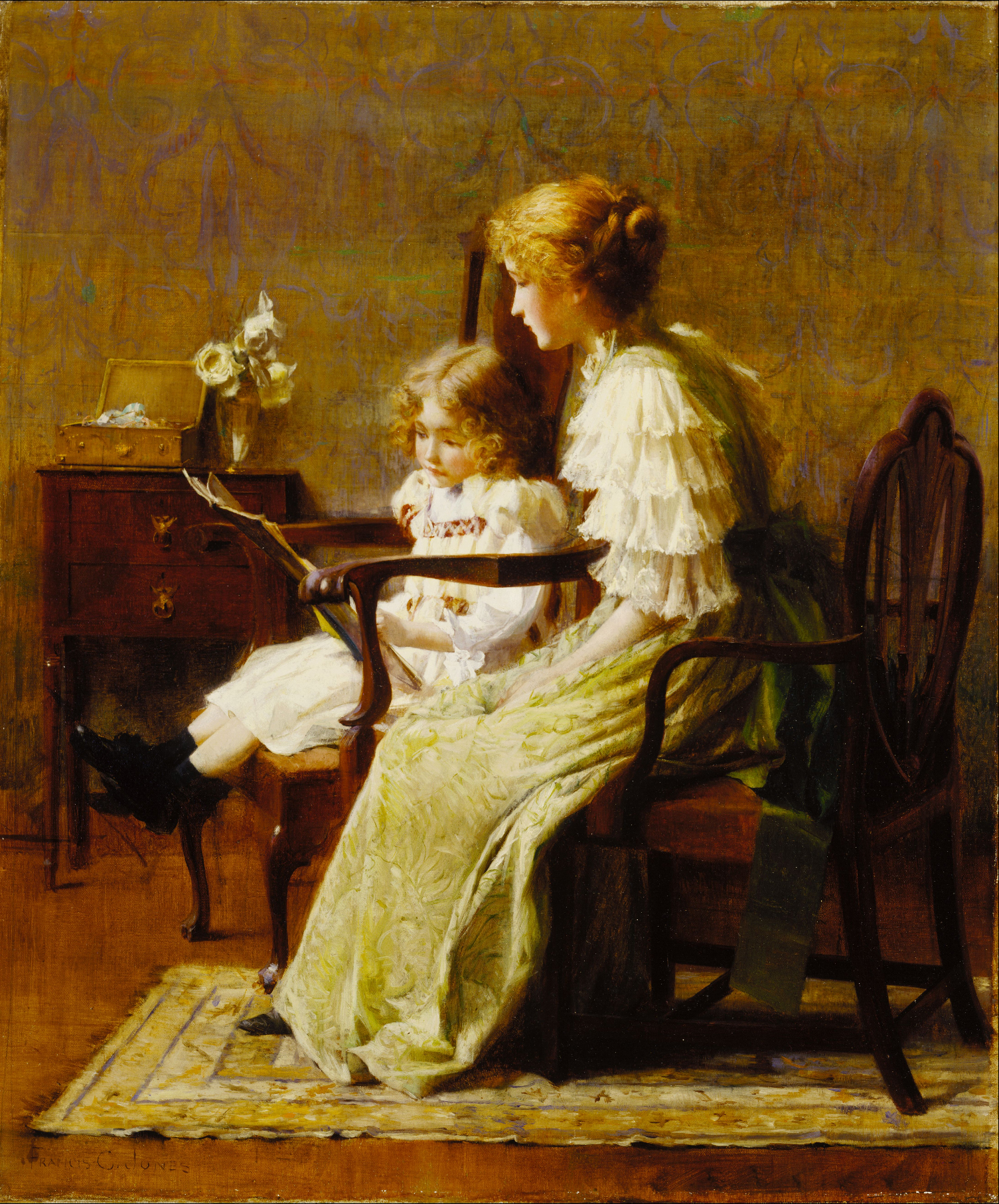 a painting of two girls on a chair and one has her hand on a doll