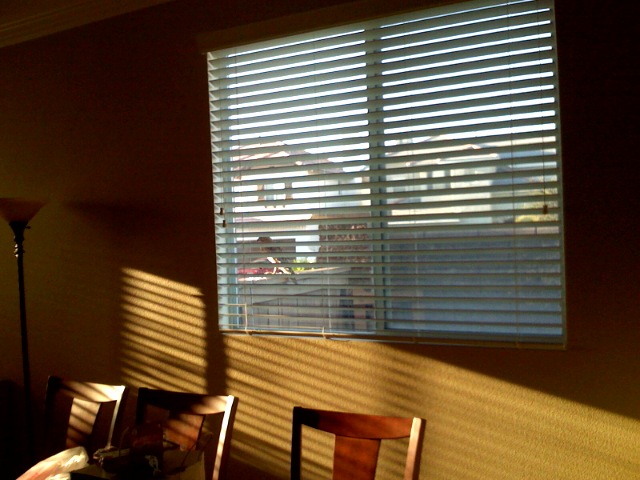 the table is covered with four chairs, and there is blinds in the window