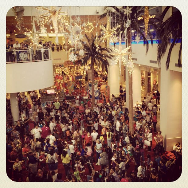 a large crowd is in a shopping mall