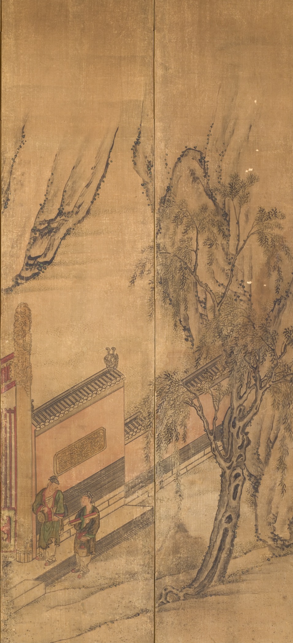 a painting with two trees in front of a building