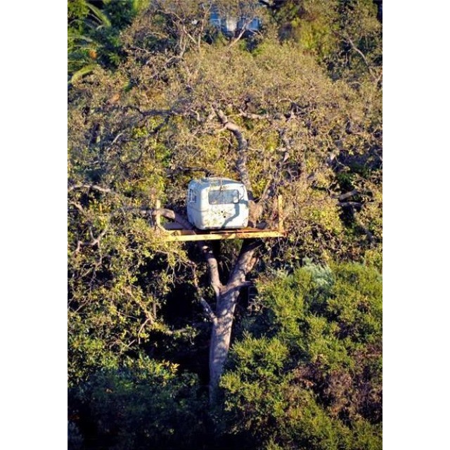 an rv is sitting on the tree top