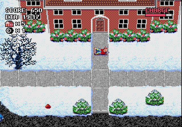 the game shows a small house and snowy area