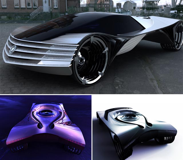 futuristic looking car, including the engine and wheels of a motor