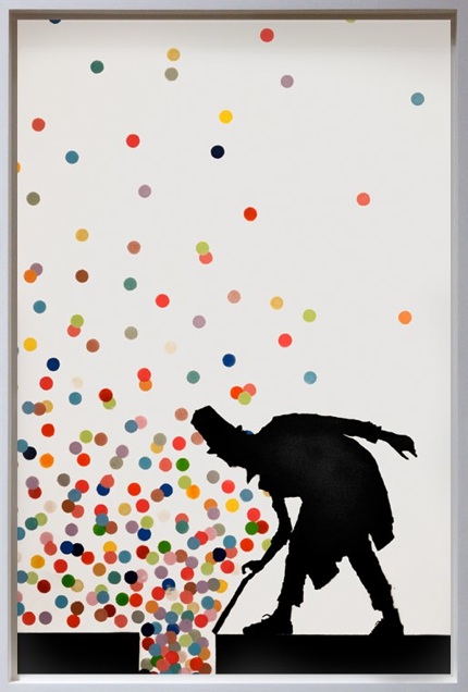 a shadow with colorful colored balls and the silhouette of a person