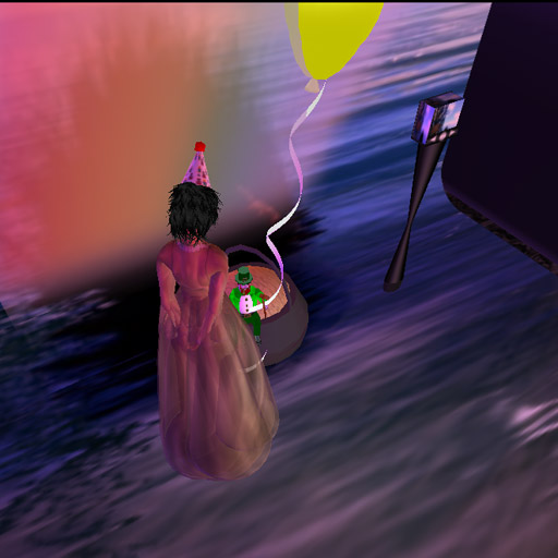 a person in a colorful dress and a birthday hat holds a bottle while a rainbow - lit balloon floats over a body of water