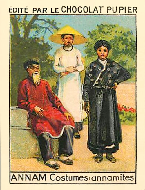 a postcard depicting three people standing in front of some trees
