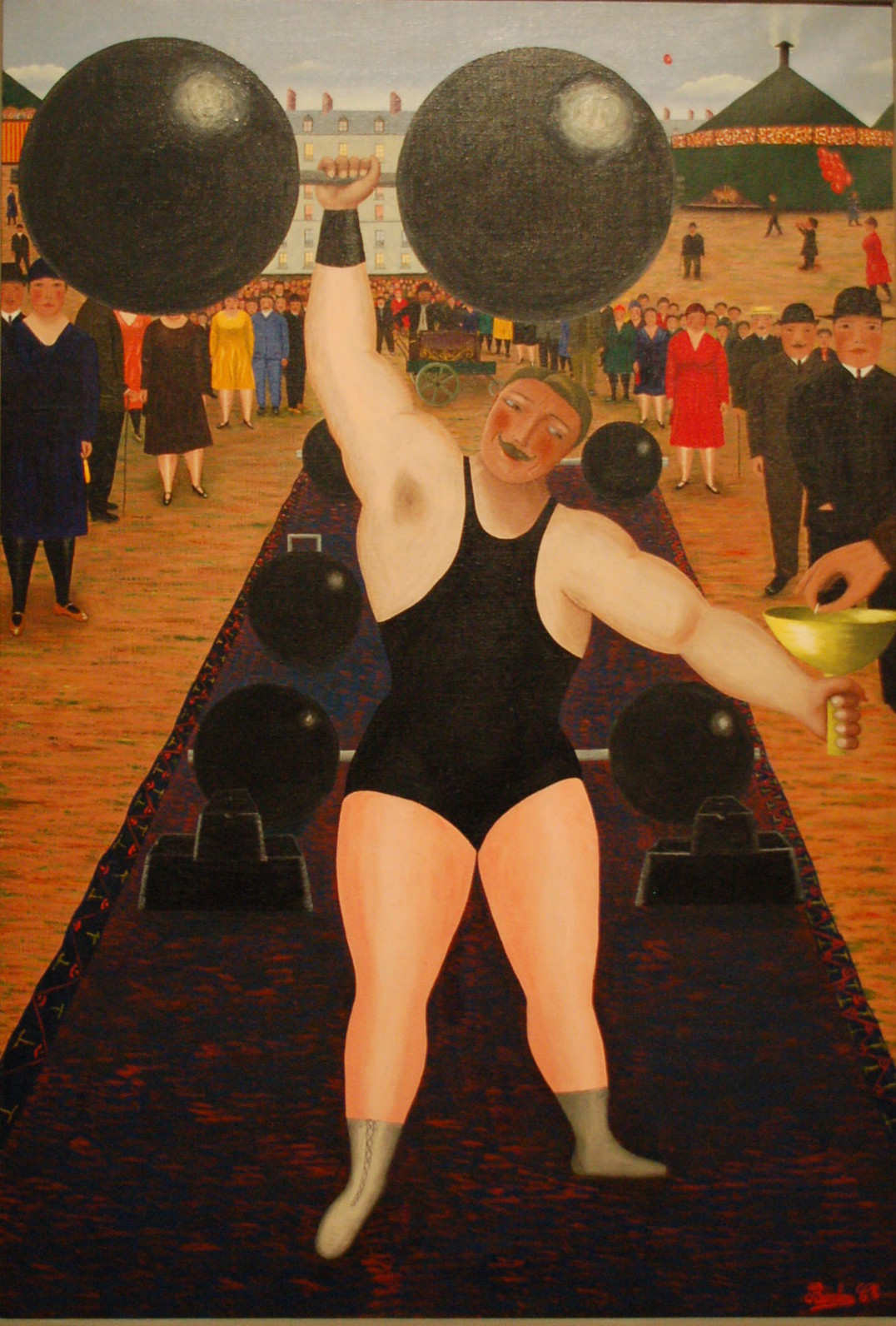 a painting of a woman lifting two black balls