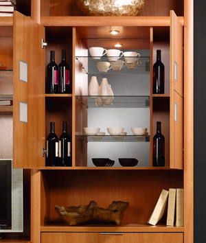 this is an open bookcase containing wine bottles and plates