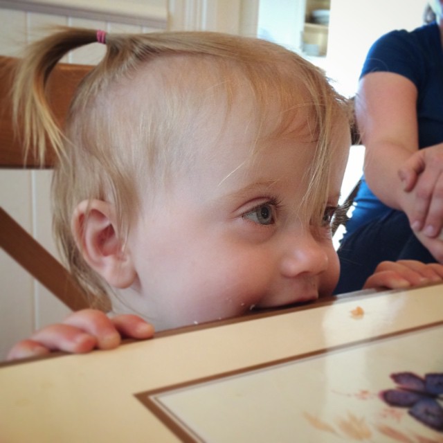 a little baby sits behind a table with pictures