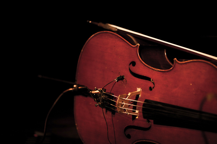 a red acoustic instrument on black background