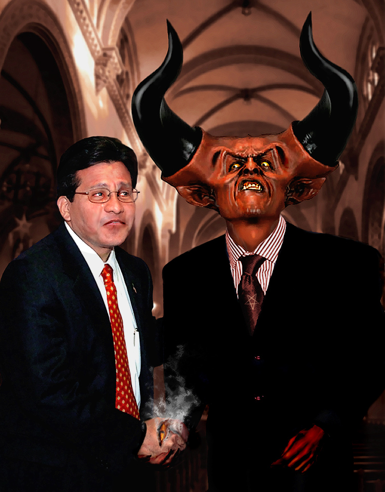 two men in suits standing next to one another with fake masks behind them