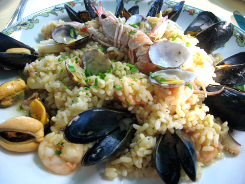 a plate full of shells and rice with shrimp